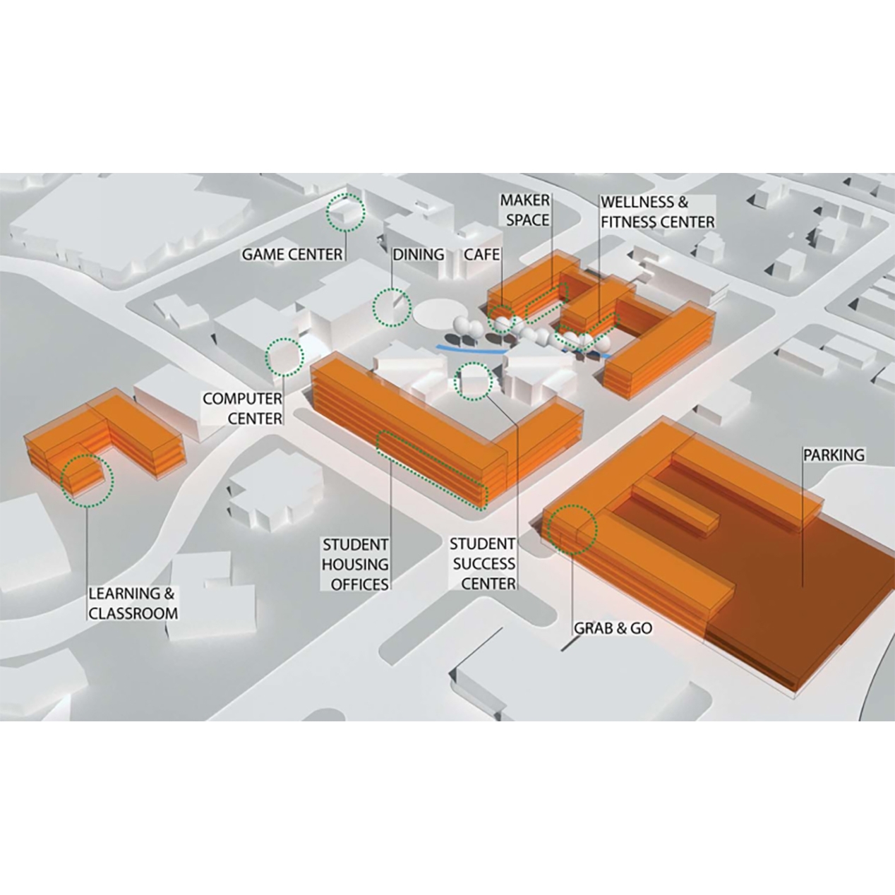 Providing plenty of opportunities for students to gather and
connect is a key element of residential life at Colorado School of Mines. This
study identified ways to distribute community space throughout the student
housing precinct to encourage peer-to-peer interaction. - NAC and
AMD Architects.