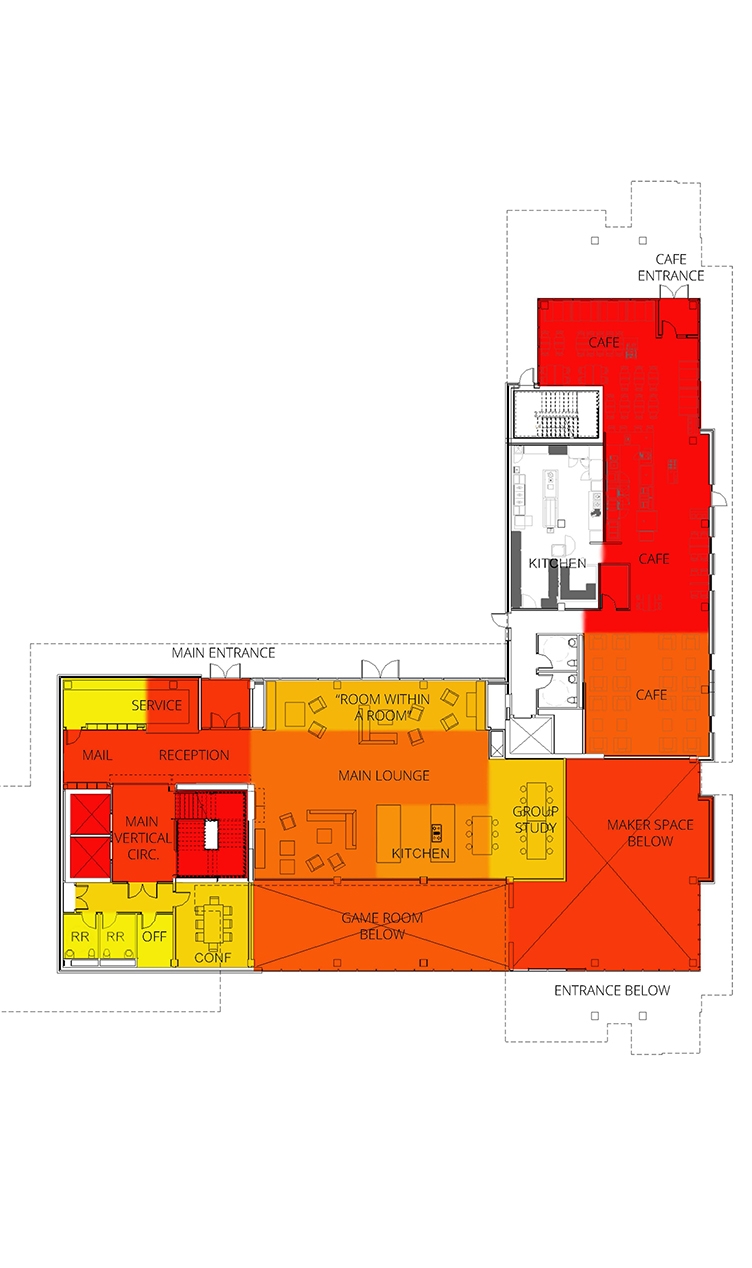 The main floor of Colorado School of Mines’ new residence hall incorporates a variety of common spaces that fall along the public/extroverted to private/introverted scale. A layering technique mixes areas for larger group socialization (red) with spaces for small group interaction (orange) and intimate spaces for reflection and respite (yellow). 