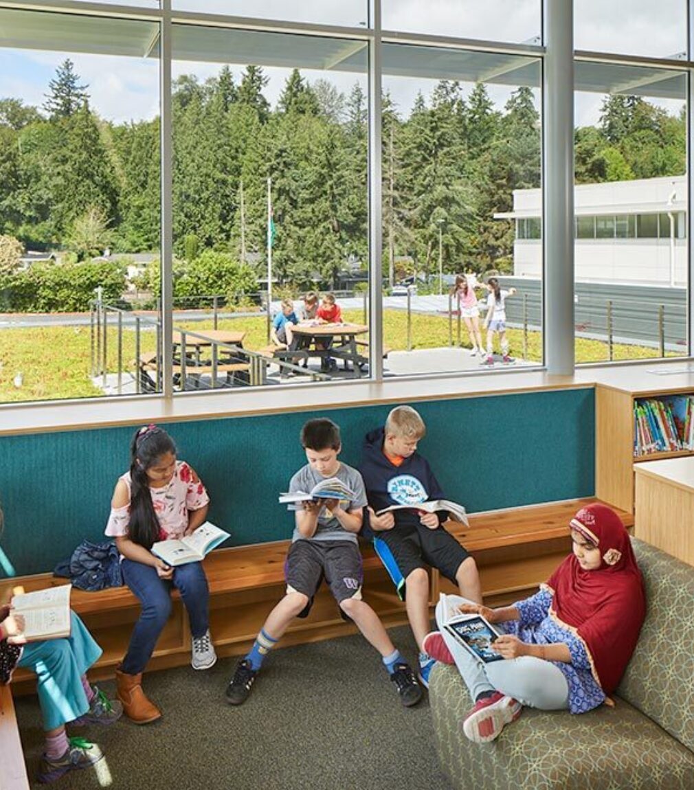 A learning and reading space at Bennett Elementary School in Bellevue, Washington, gives students a tranquil place to take a break. - NAC