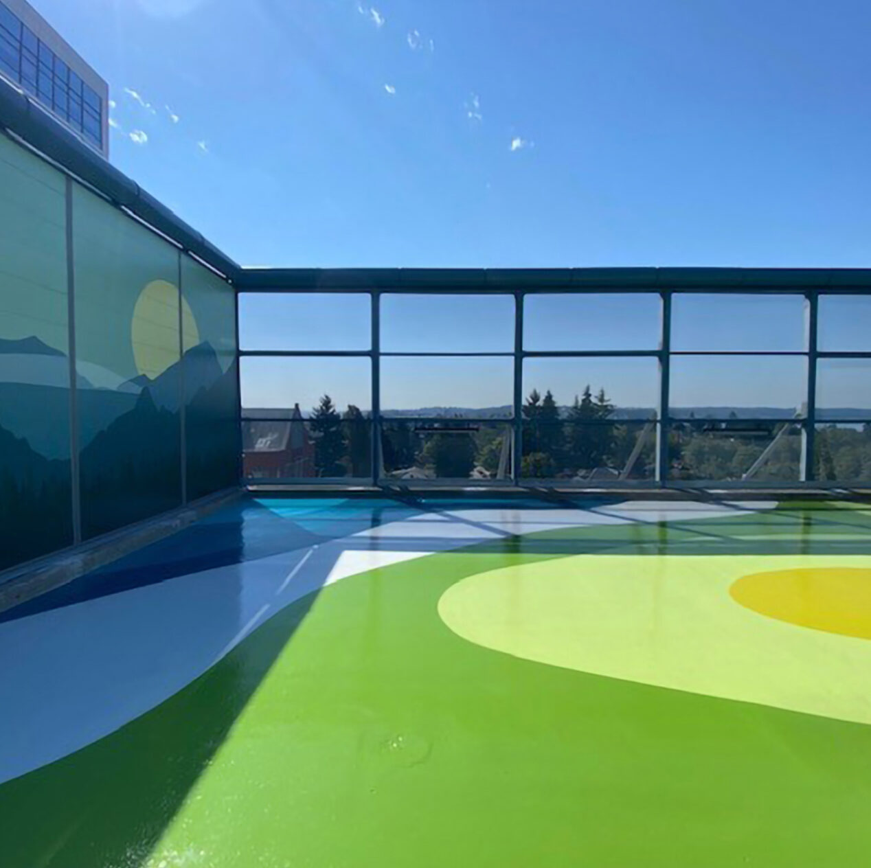Rooftop helipad converted to outdoor space for patients, Providence Regional Medical Center, Everett, 4th Floor Behavioral Health Unit.