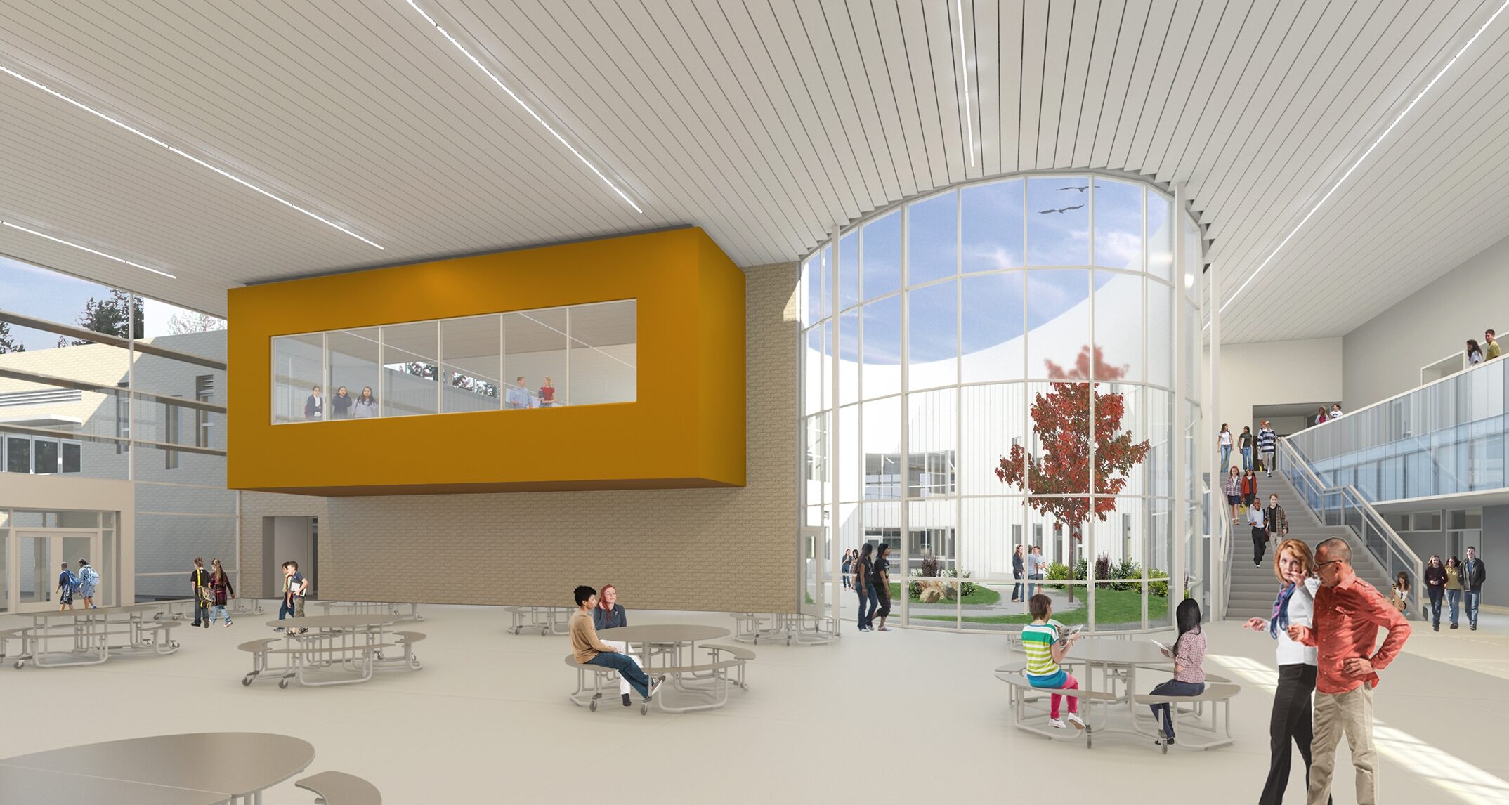 The commons and surrounding spaces at the new Tillicum Middle School will provide a variety of options for students to suit their needs. — NAC Architecture