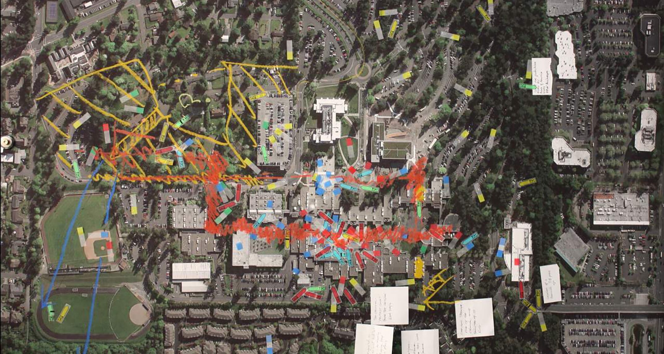 When Bellevue College made the decision to introduce student housing on their campus for the first time, the stakeholder group had a lot to say. We used a mapping exercise with both student and staff representatives to determine student gathering spaces, traffic patterns, and areas with safety concerns in order to identify the best locations to develop a student housing community. - NAC Architecture 