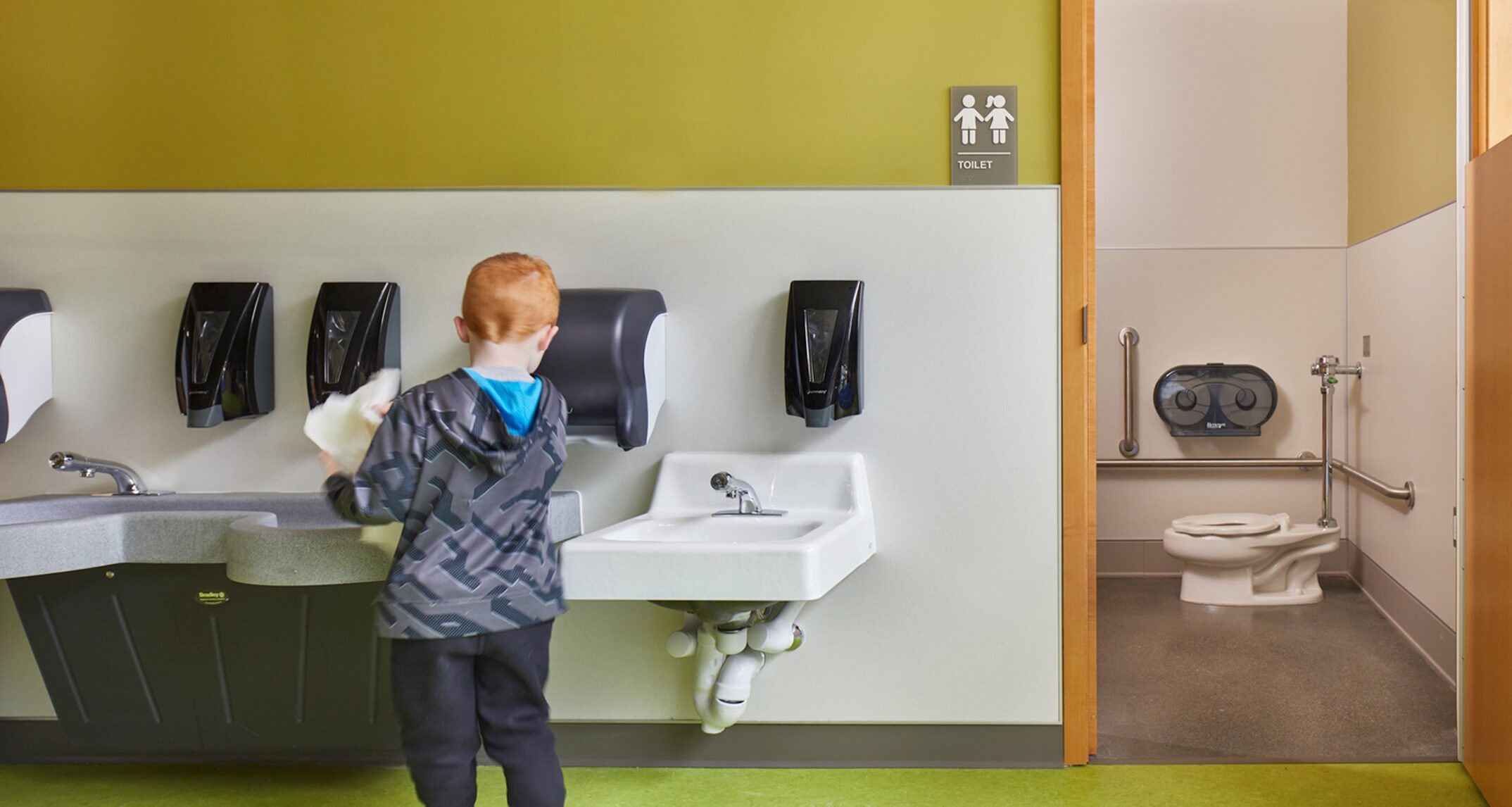 Sinks, toilets, and accessories are specifically designed and mounted to accommodate students ages five and under. – Lake Stevens Early Learning Center