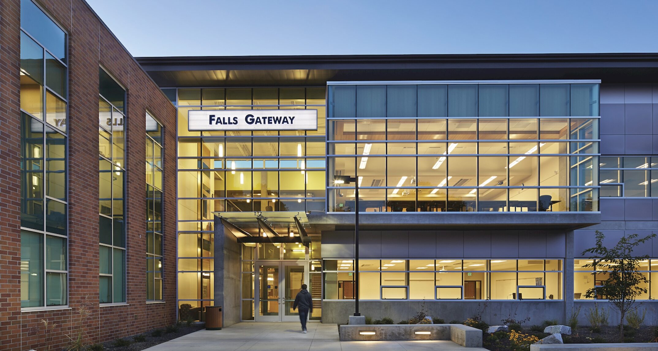 Through the use of large, transparent windows, the Falls Gateway Building presents a welcoming entrance to all Spokane Falls Community College students and staff. - NAC Architecture