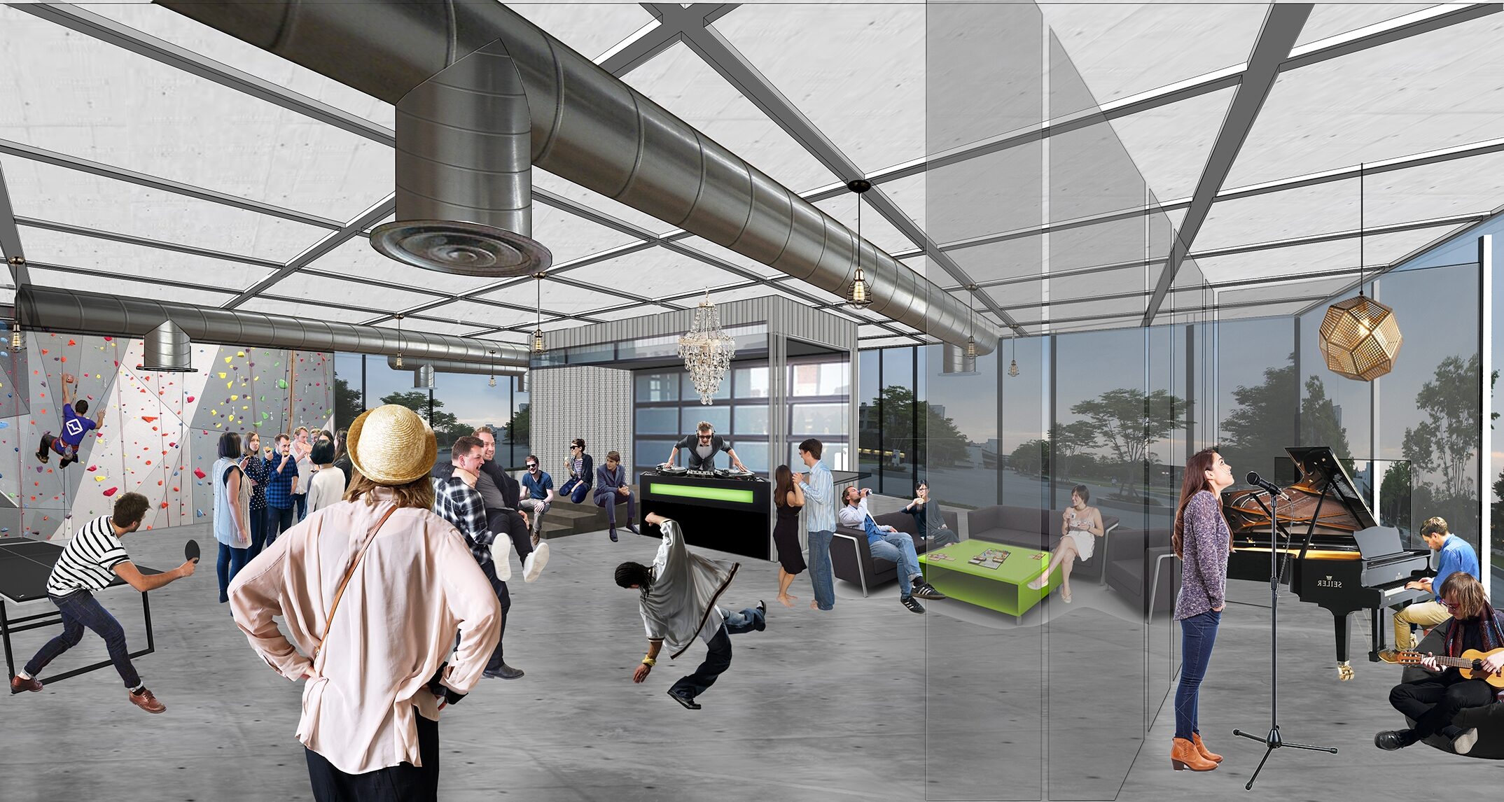 The design for this community college “flex lab” creates an amenity that acts as an incubator/makerspace/coffee shop by day, but transforms into a social gathering area complete with a climbing wall, DJ Booth, and concert space at night.