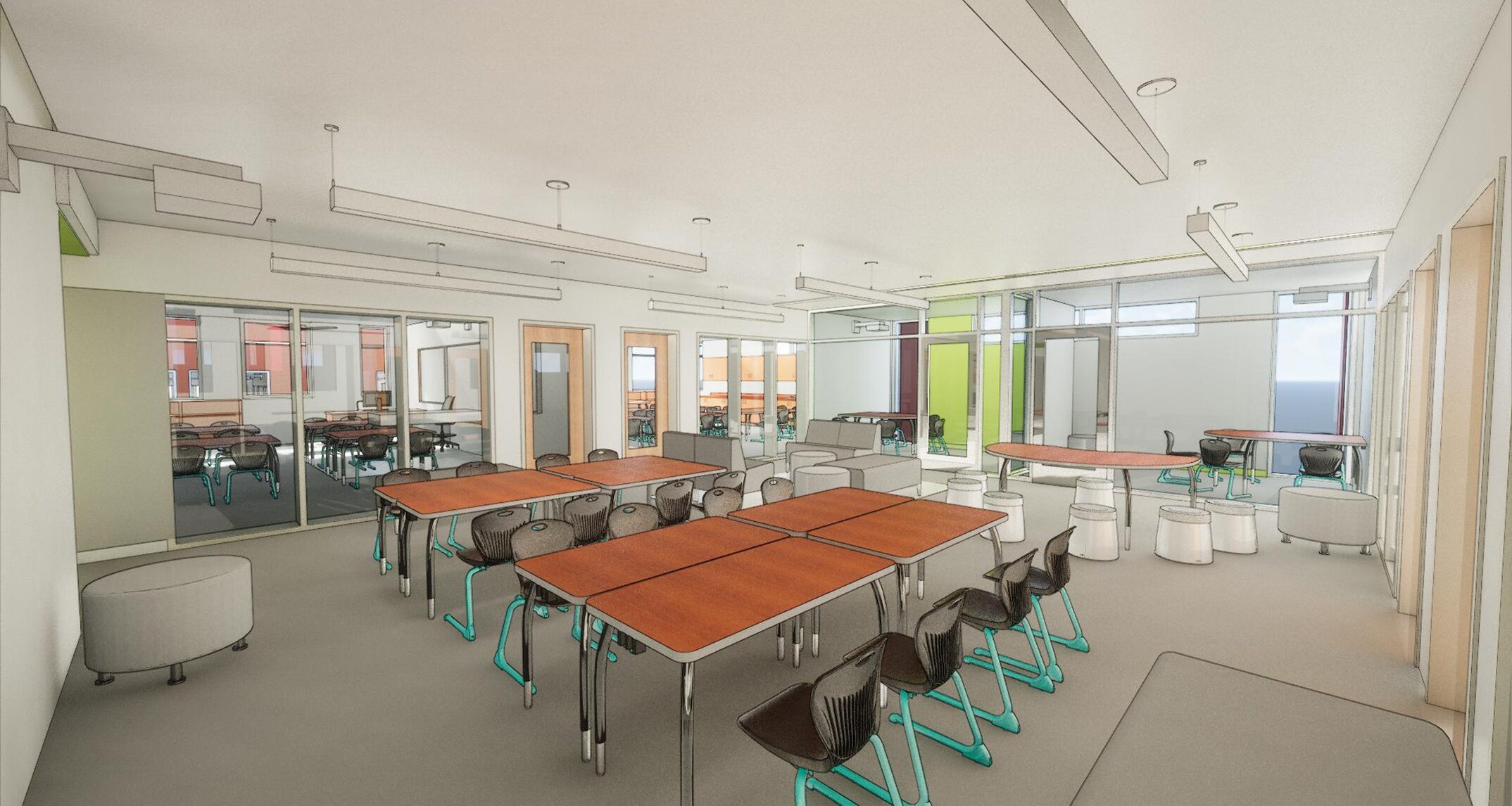 In addition to multiple larger collaboration areas placed
throughout the school, a smaller learning commons and adjacent to breakout
rooms provide areas for a range of ELL instruction. This learning commons is
placed prominently at the intersection of grade level pods, providing
visibility and access to the rest of the school. 