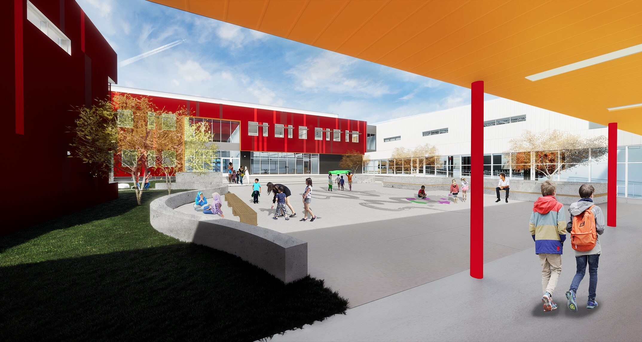 The central courtyard at Wing Luke Elementary provides a welcoming place for students and their families to gather, and support feelings of inclusion and belonging.
