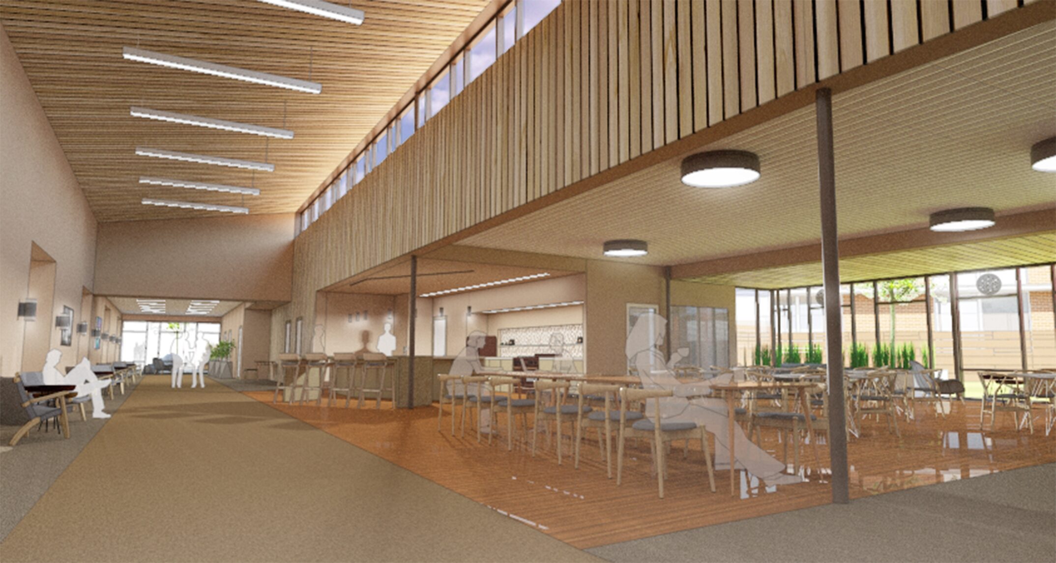 At Riverview Retirement Community’s memory care addition, all
resident rooms open onto a large living/dining/activity space. This shared area
was designed to support continuous circulation, which encourages interaction
among community members and decreases chances of a wandering resident getting
lost. – NAC
