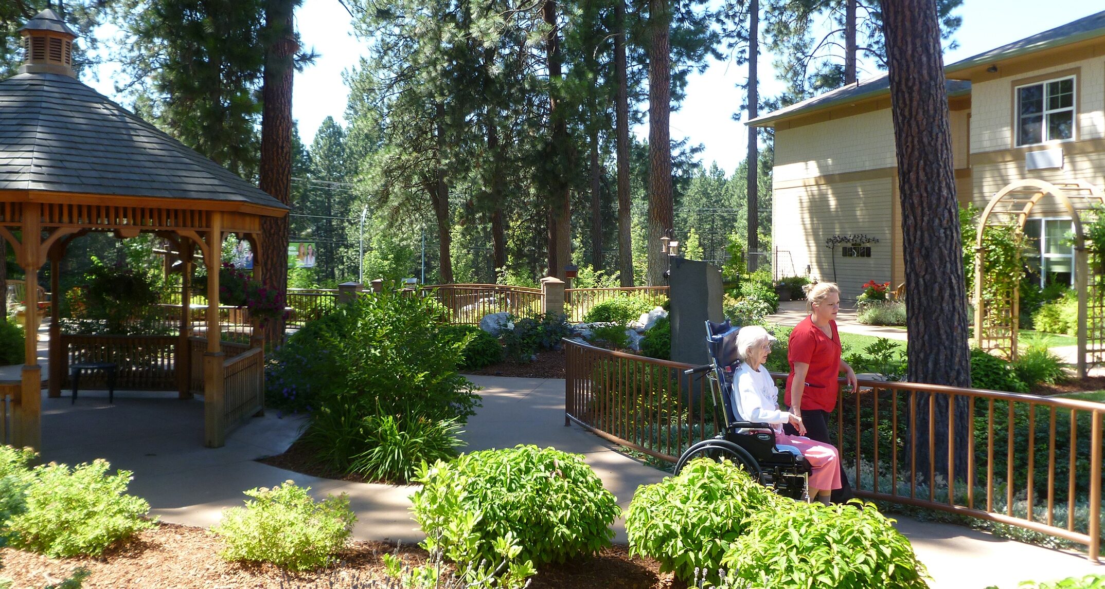 A successful memory care garden should feature an appropriate
balance of hardscape and vegetation that provides opportunities for movement,
encourages social interaction, and engages the senses. The Village at Orchard
Ridge Serenity Garden; image courtesy of SPVV Landscape Architects