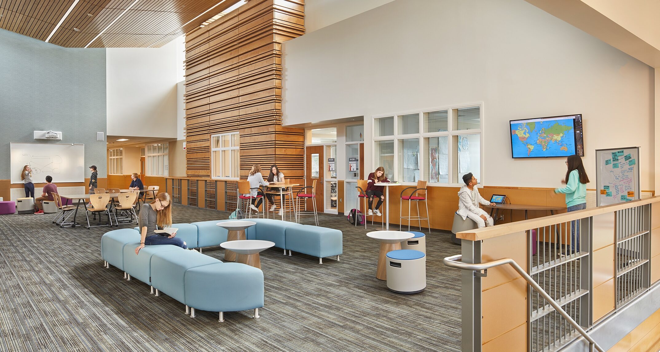 Variety and versatility were key factors when selecting furniture for Renton’s Vera Risdon Middle School. The combination of moveable stools, benches, and desks allow students and teachers to customize shared learning spaces to support various curriculum needs. – NAC Architecture