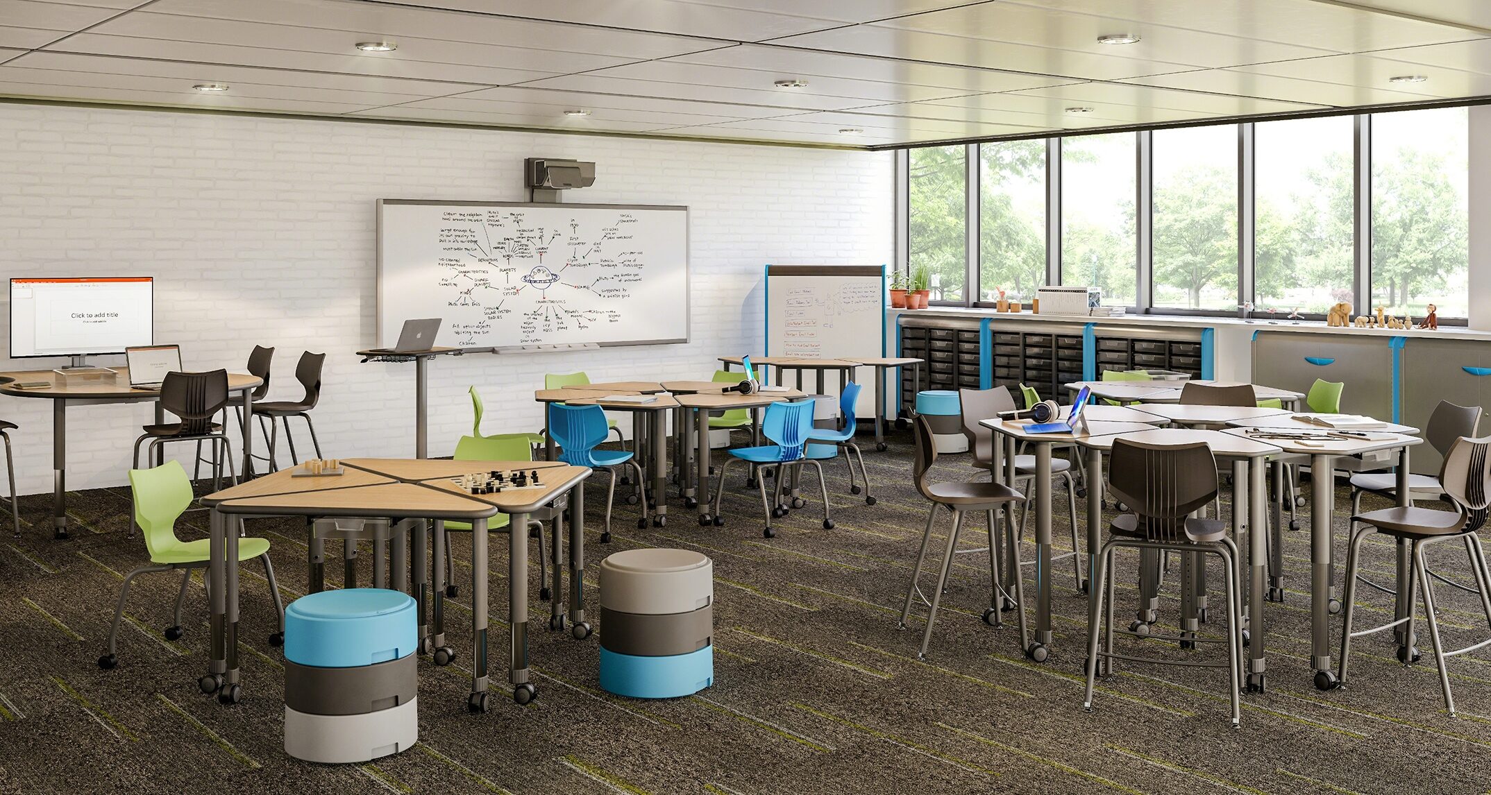 Using moveable desks and flexible seating allows teachers to quickly and easily transition from a whole-class discussion to small-group collaborative learning. Image courtesy of Smith System 