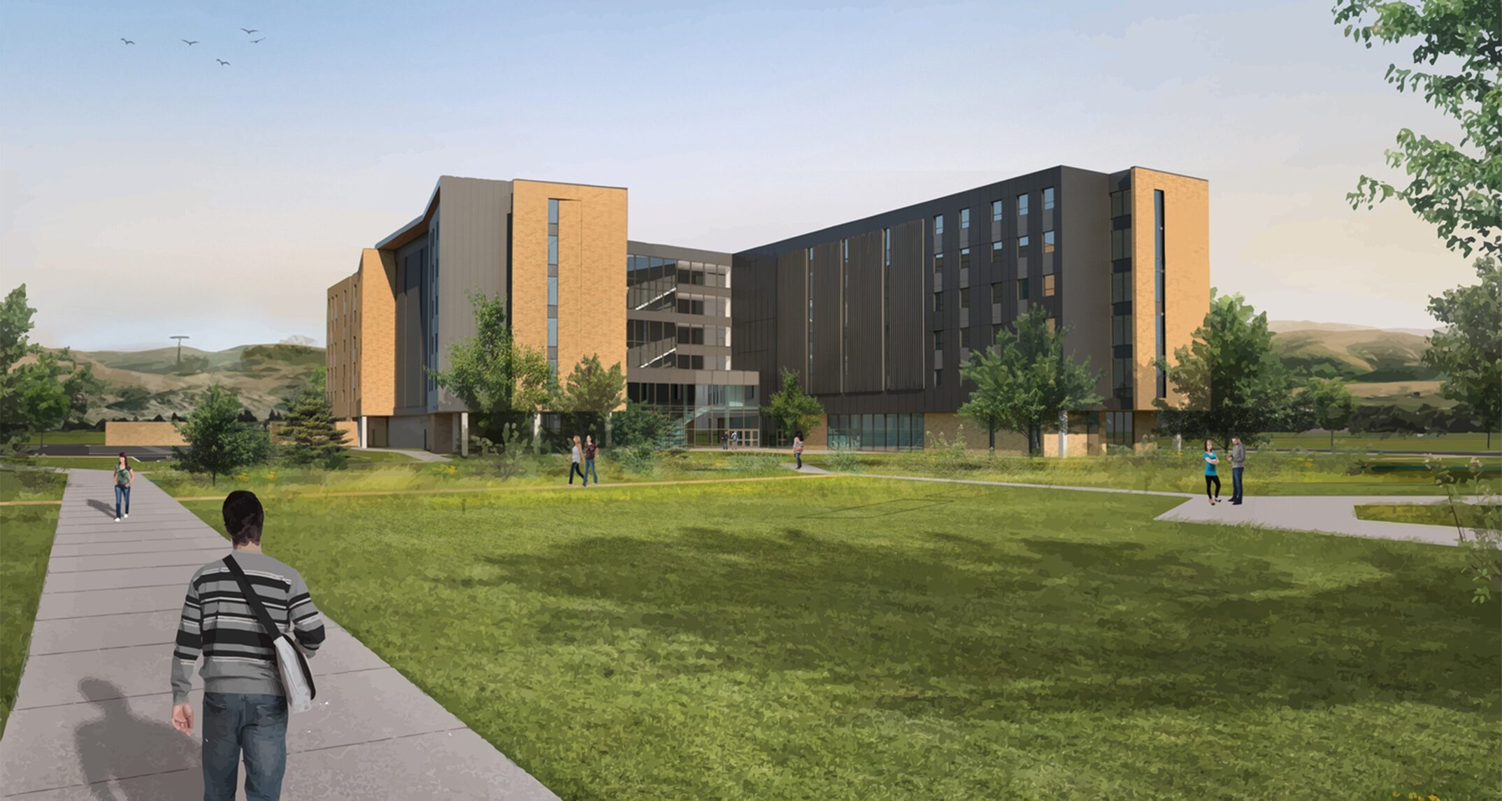 Montana State University’s newest residence hall shows a slight resemblance to its predecessor, Yellowstone Hall, in order to maintain visual consistency. However, the design of the building has its own distinct plan and identity. – NAC Architecture 