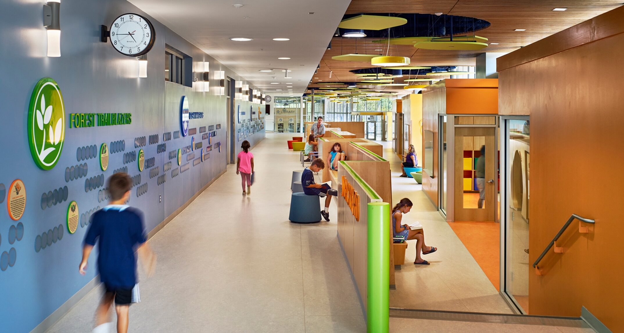 Every aspect of the Discovery Elementary School was organized to create a seamless integration between design, sustainability, and learning. As students move through the school, their “world expands” through different ecological storylines and graphically communicated environmental themes. - VMDO
