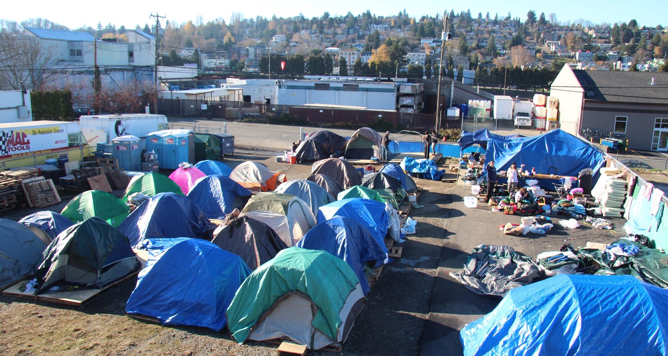 Mike Wierusz and his students spent a day visiting established
homeless encampments throughout Seattle, including Interbay’s Tent City. Photo
Courtesy of Shane Harms